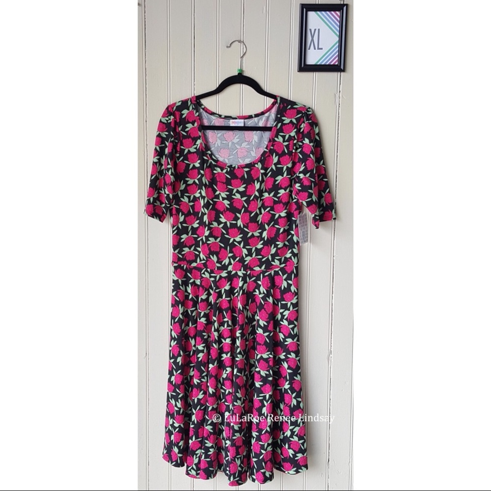 LuLaRoe Nicole Dress XL Black Pink Tulip Floral Fit & Flare NWT